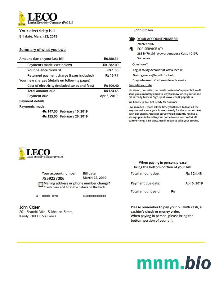 Sri Lanka Leco Firma elektryczność rachunek za media szablon w formacie Word i PDF
